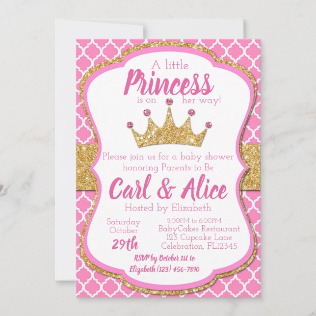Pink & Gold Glitter Crown Princess Baby Shower Invitation (Front)