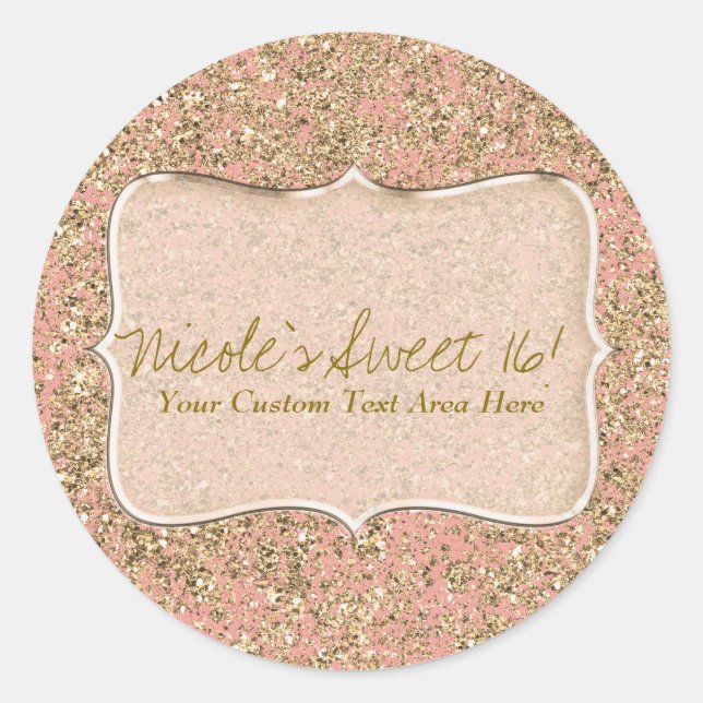 Pink & Gold Glitter Crystal Glam Birthday Favour Classic Round Sticker (Front)