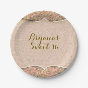 Pink & Gold Glitter Crystal Glam Birthday Party Paper Plate
