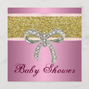Pink Gold Glitter Diamond Bow Baby Shower Invite