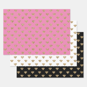 Pink Gold Glitter Diamonds Wrapping Paper Sheet