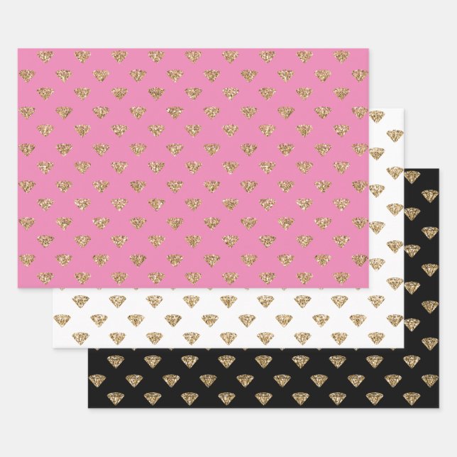 Pink Gold Glitter Diamonds      Wrapping Paper Sheet (Set)