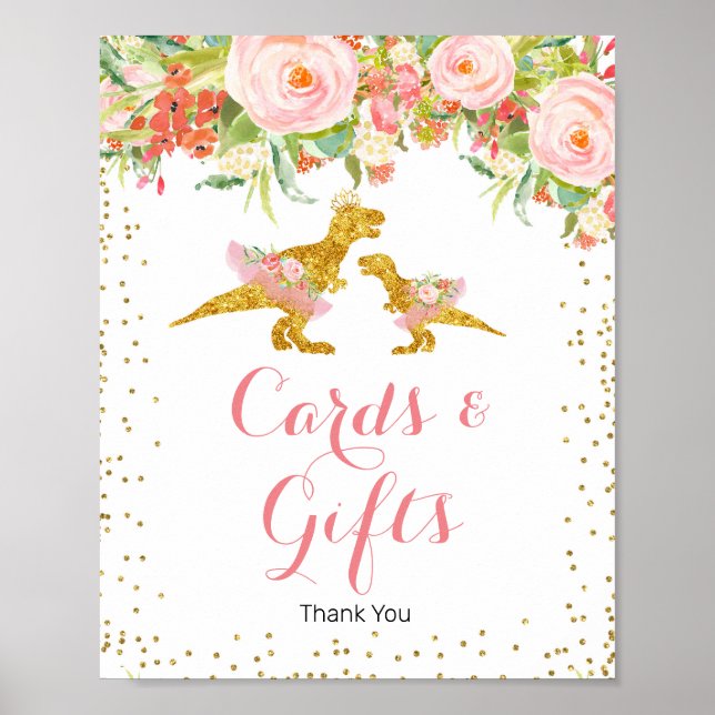 Pink Gold Glitter dino Cards and Gifts Sign (Front)