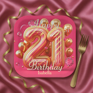 Pink & Gold Glitter Drip 21st Birthday Celebration Paper Plate