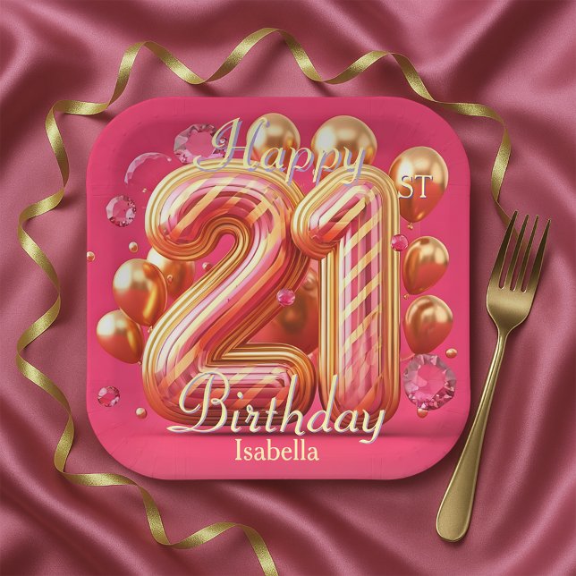 Pink & Gold Glitter Drip 21st Birthday Celebration Paper Plate (Creator Uploaded)