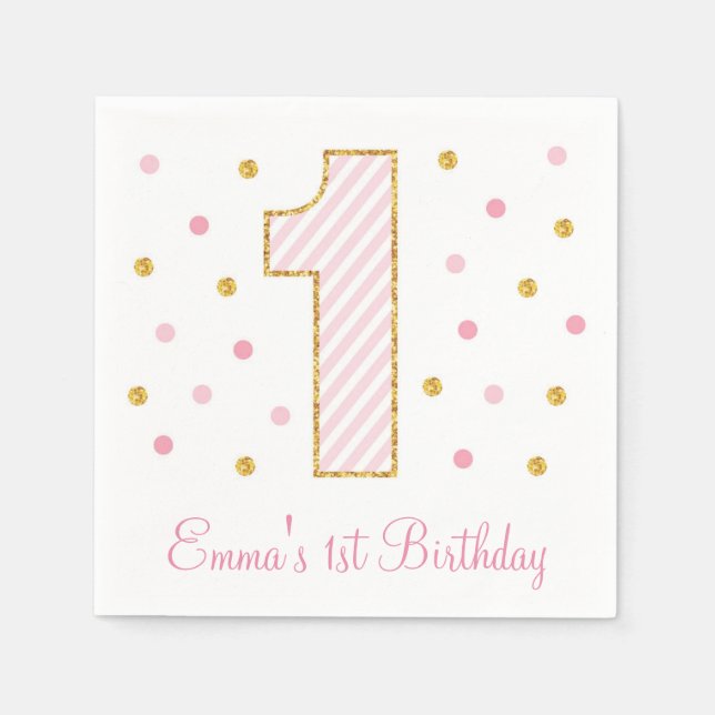 Pink & Gold Glitter First Birthday Napkin (Front)