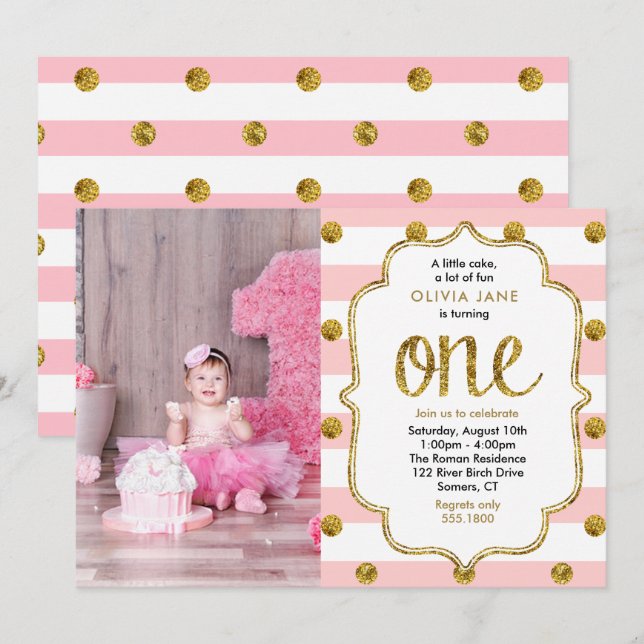 Pink, Gold Glitter First Birthday Photo Invitation (Front/Back)