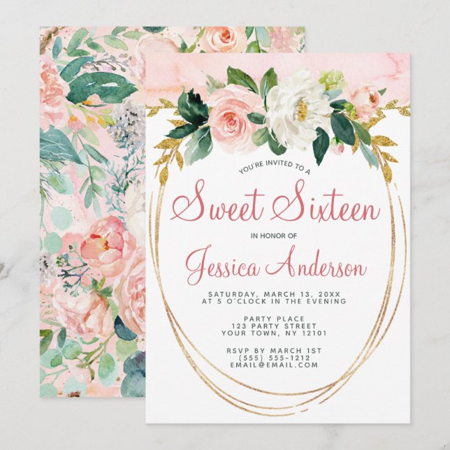Pink Gold Glitter Floral Sweet Sixteen Birthday Invitation (Front/Back)