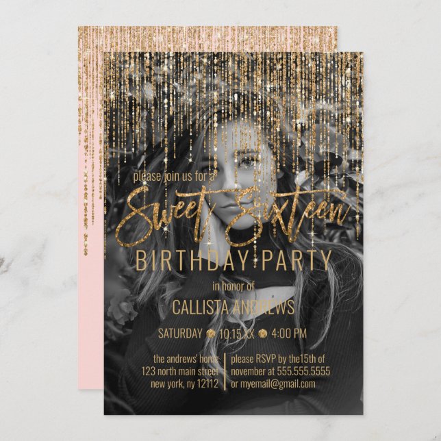 Pink Gold Glitter Fringe Curtain Photo Sweet 16 Invitation (Front/Back)