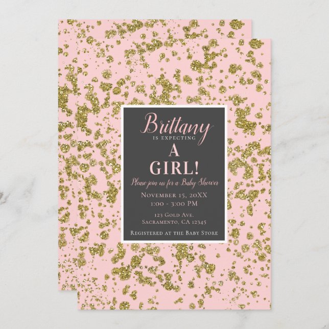 Pink & Gold Glitter Girly Glam Modern Baby Shower Invitation (Front/Back)