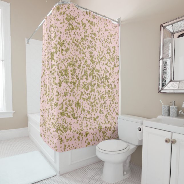 Pink & Gold Glitter Girly Glam Modern Splatter Shower Curtain (In Situ)