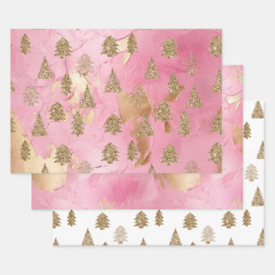 Pink Gold Glitter Glam Christmas Trees Wrapping Paper Sheet
