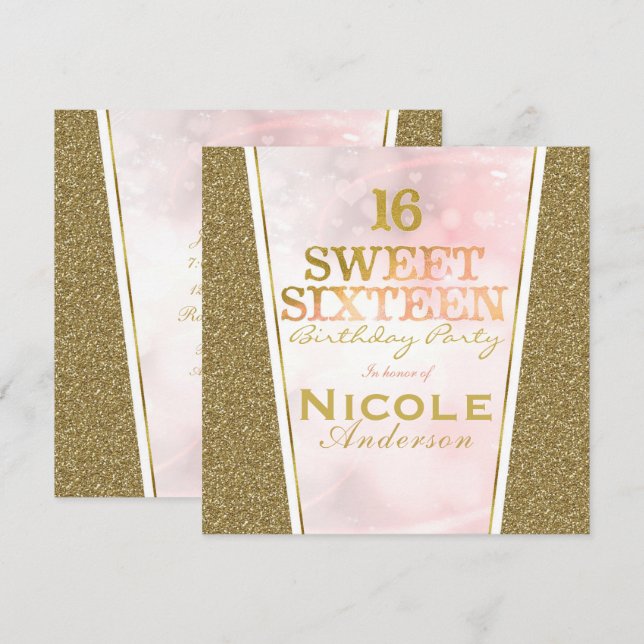 Pink Gold Glitter Glam Sweet 16 Birthday Party Invitation (Front/Back)