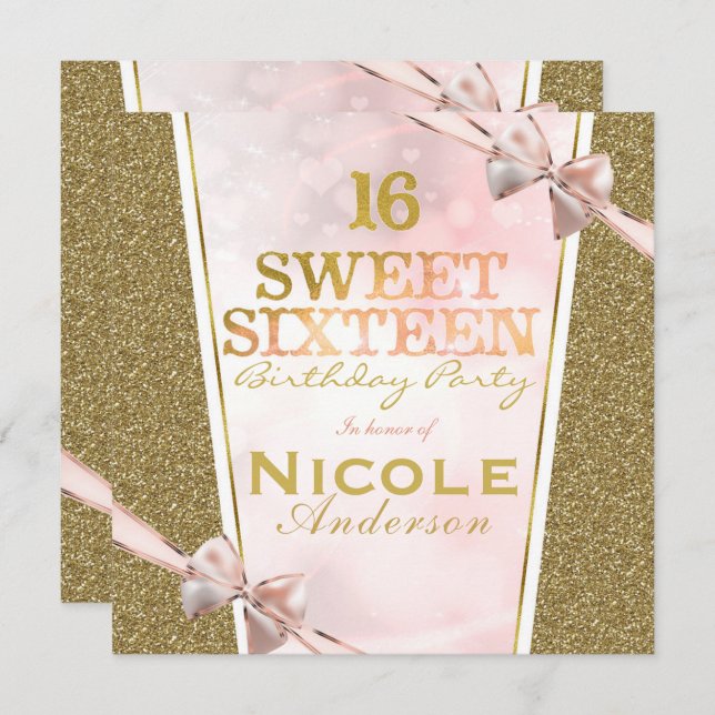 Pink Gold Glitter Glam Sweet 16 Bow Birthday Party Invitation (Front/Back)