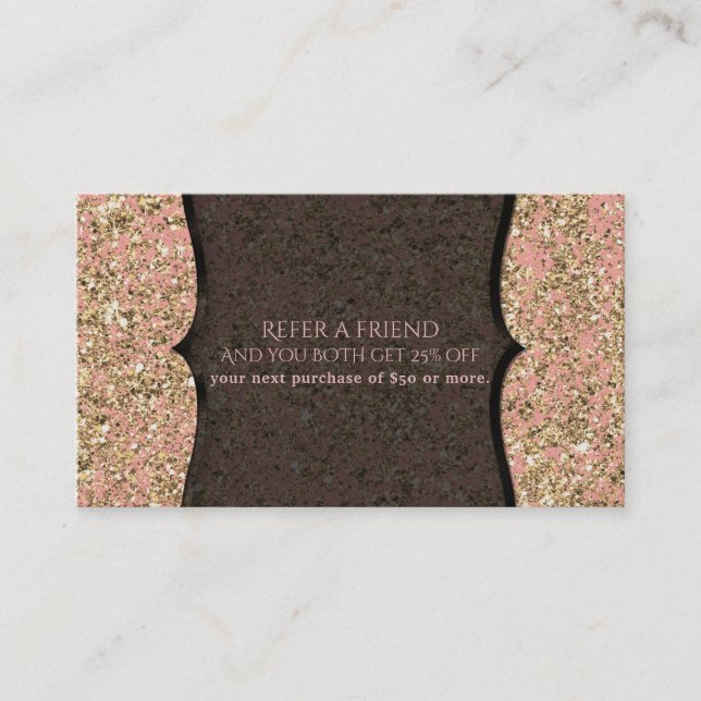 Pink & Gold Glitter Glamour Black Refer A Friend Referral Card (Front)