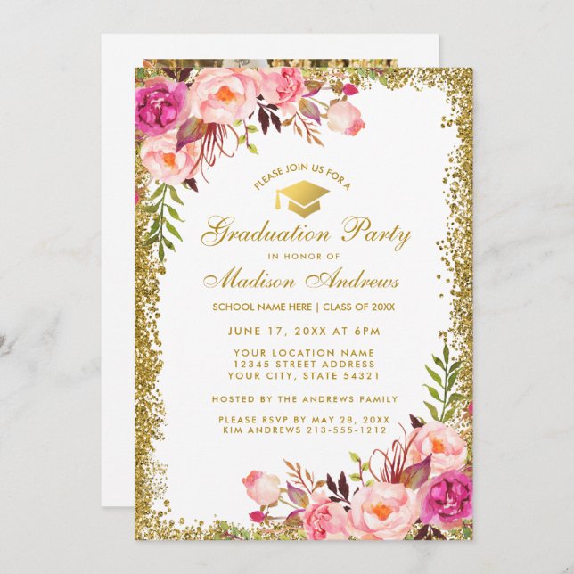 Pink Gold Glitter Grad Party Invite - Photo Back (Front/Back)