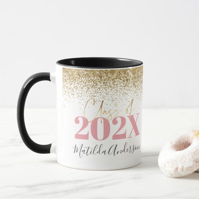 pink gold glitter graduation elegant script mug (With Donut)