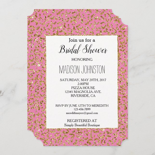 Pink Gold Glitter Leopard Animal  Invitation (Front/Back)