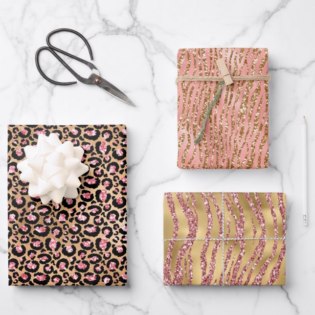 Pink Gold Glitter Leopard Animal Print Wrapping Paper Sheet (Front)