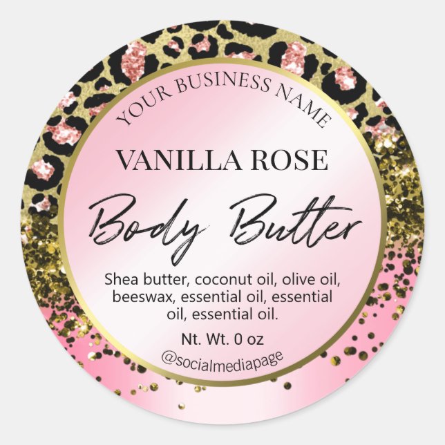 Pink Gold Glitter Leopard Print Body Butter Labels (Front)