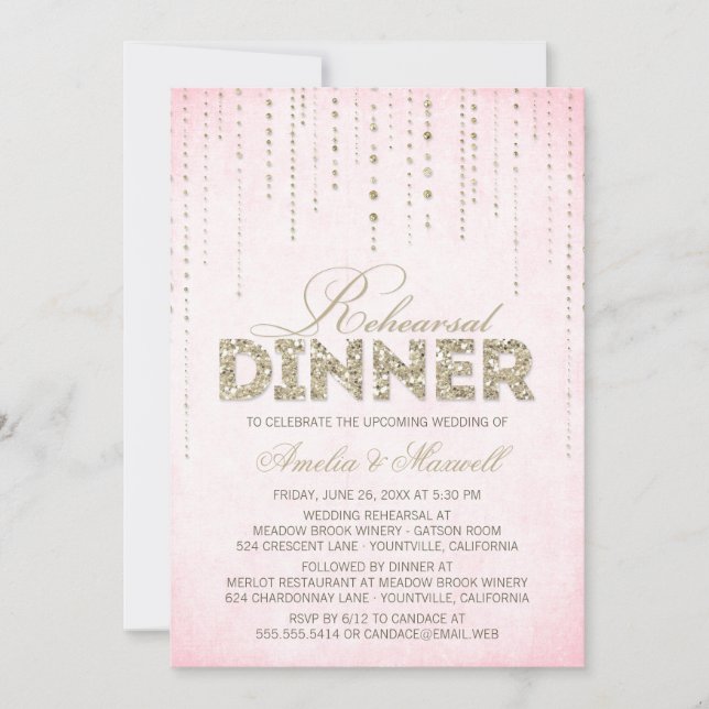Pink & Gold Glitter Look Rehearsal Dinner Invitation (Front)