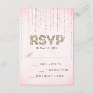 Pink & Gold Glitter Look Wedding RSVP Card