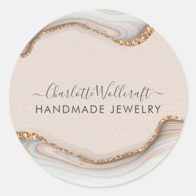 Pink Gold Glitter Marble Agate Handmade Jewellery Classic Round Sticker (Front)