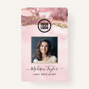 Pink Gold Glitter Marble Agate Photo Business Logo ID Badge