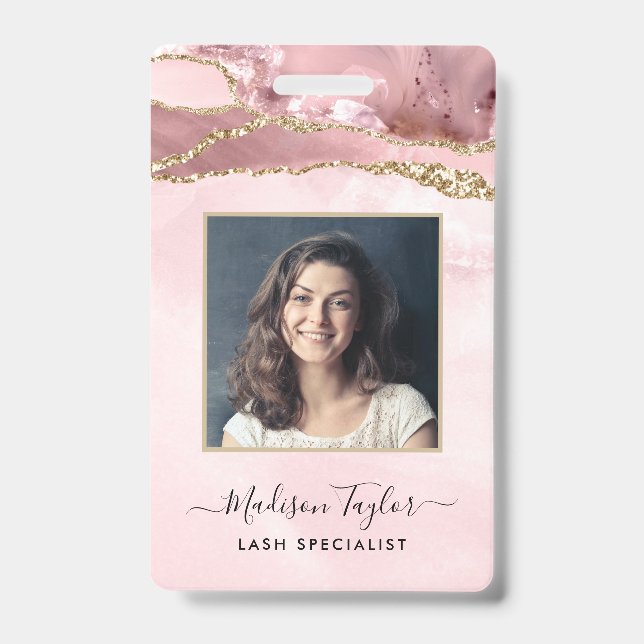 Pink Gold Glitter Marble Agate Salon Business ID Badge (Front)