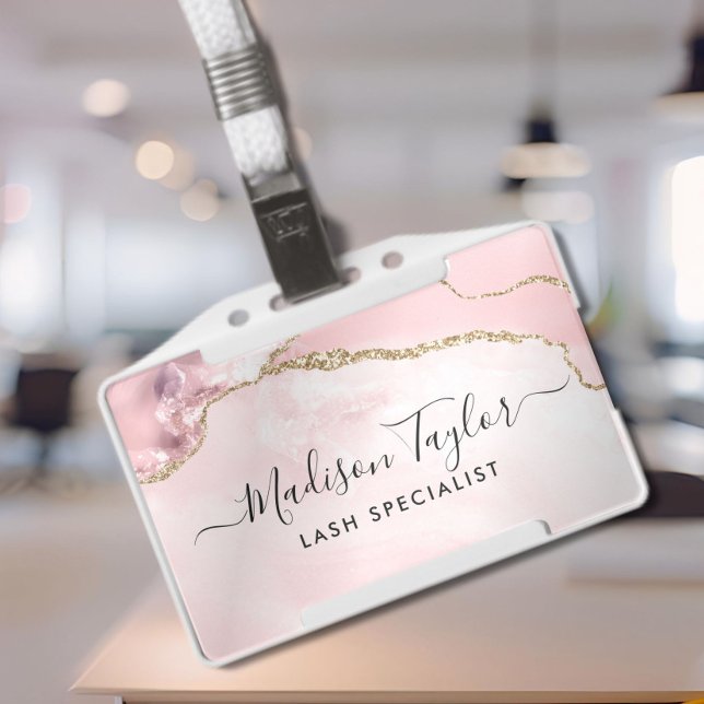 Pink Gold Glitter Marble Agate Salon Business ID ID Badge (Creator Uploaded)