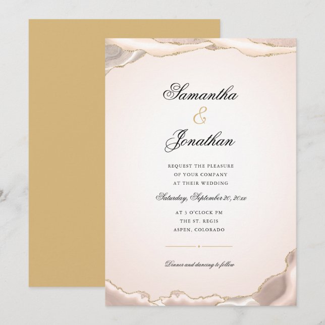 Pink Gold Glitter Marble Agate Wedding Invitation (Front/Back)
