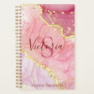 Pink Gold Glitter Marble Geode Monogram Planner