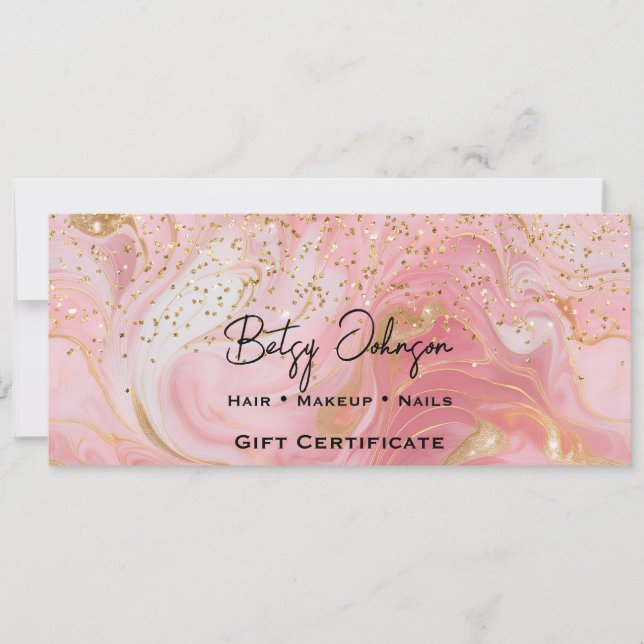 Pink & Gold Glitter Marbled Gift Certificate Card (Front)