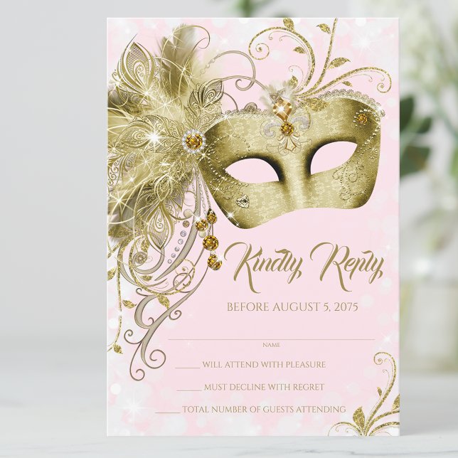 Pink Gold Glitter Masquerade Party Invitation (Pretty pink gold masquerade party RSVP. You can change the text.)