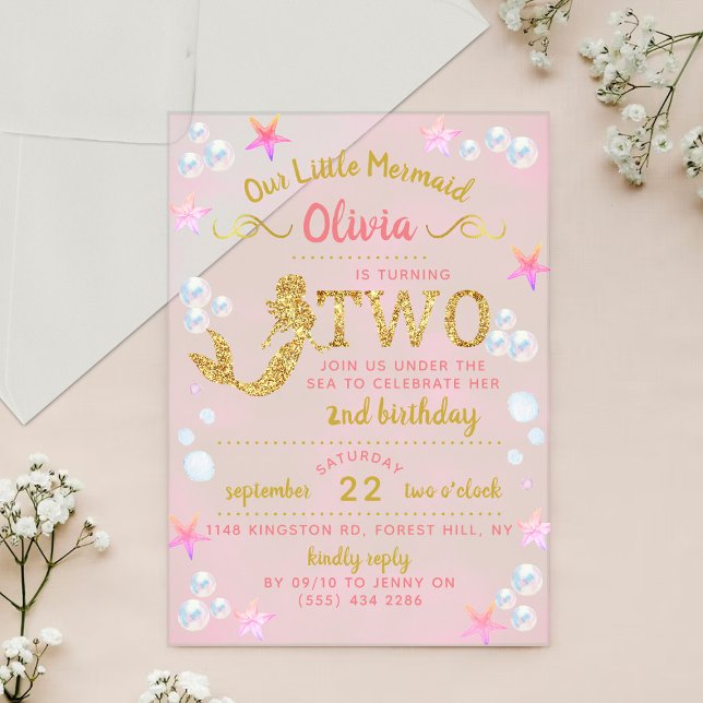 Pink & Gold Glitter Mermaid 2nd Birthday Acrylic Invitations (Creator Uploaded)