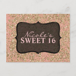 Pink & Gold Glitter Party Black Glam Invitation Postcard