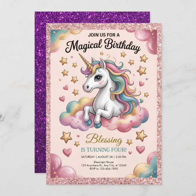 Pink & Gold Glitter Party Invitation (Front/Back)