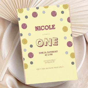 Pink Gold Glitter Polka Dots 1st Birthday Invitation