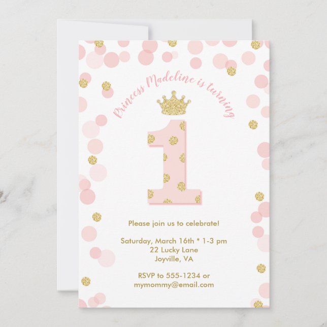 Pink Gold Glitter Princess 1st Birthday Invitation (Front)