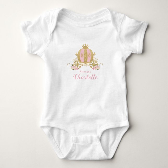 Pink Gold Glitter Princess Carriage 1st Birthday Baby Bodysuit (Front)