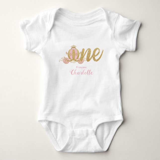 Pink Gold Glitter Princess Carriage 1st Birthday Baby Bodysuit (Front)