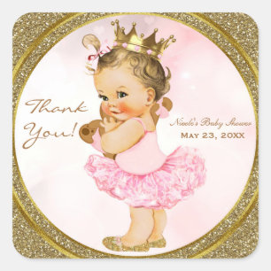 Pink Gold Glitter Princess Vintage Baby Girl Favou Square Sticker