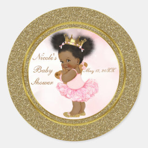 Pink Gold Glitter Princess Vintage Black Baby Girl Classic Round Sticker