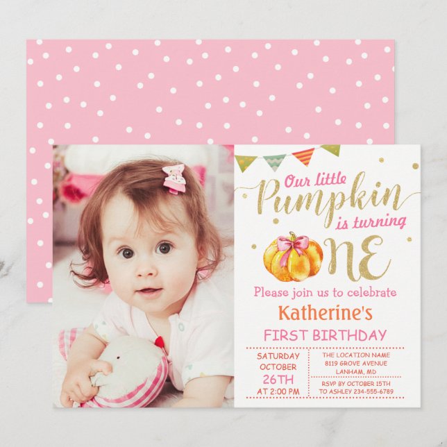 Pink Gold Glitter Pumpkin Baby 1st Birthday Photo Invitation (Front/Back)