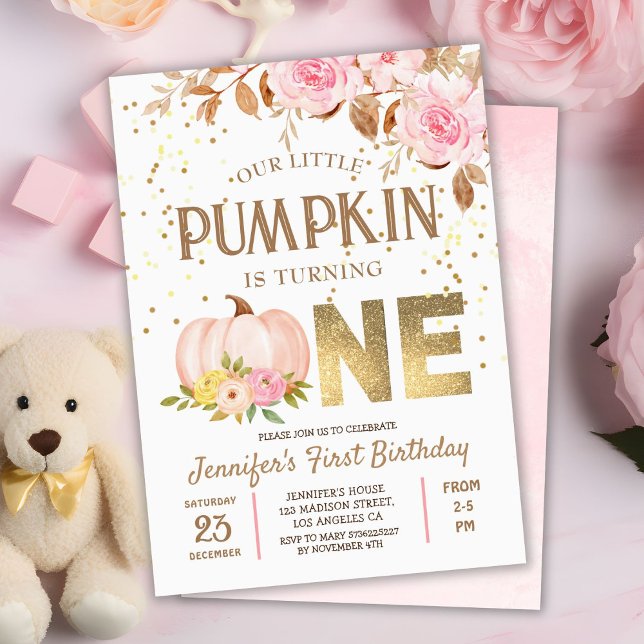 Pink Gold Glitter Pumpkin Floral Girl 1st Birthday Invitation (Creator Uploaded)
