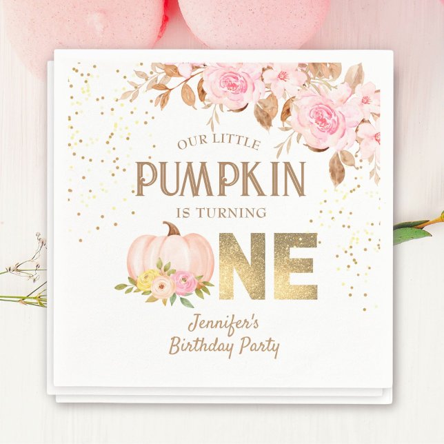 Pink Gold Glitter Pumpkin Floral Girl 1st Birthday Napkin (Creator Uploaded)