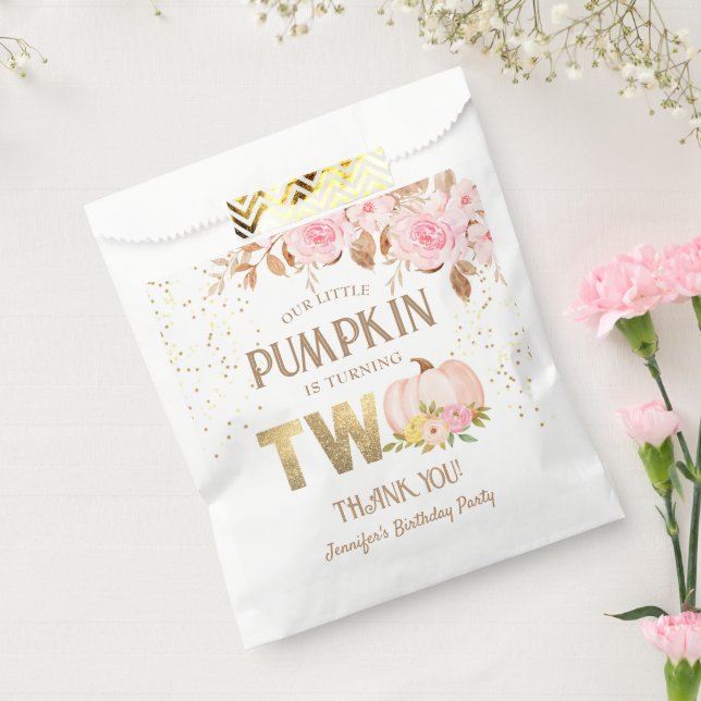 Pink Gold Glitter Pumpkin Floral Girl 2nd Birthday Favour Bags (Sealed)