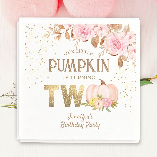 Pink Gold Glitter Pumpkin Floral Girl 2nd Birthday Napkin (Creator Uploaded)