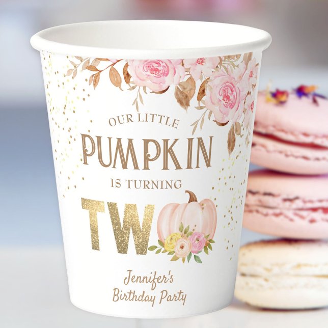 Pink Gold Glitter Pumpkin Floral Girl 2nd Birthday Paper Cups (Creator Uploaded)