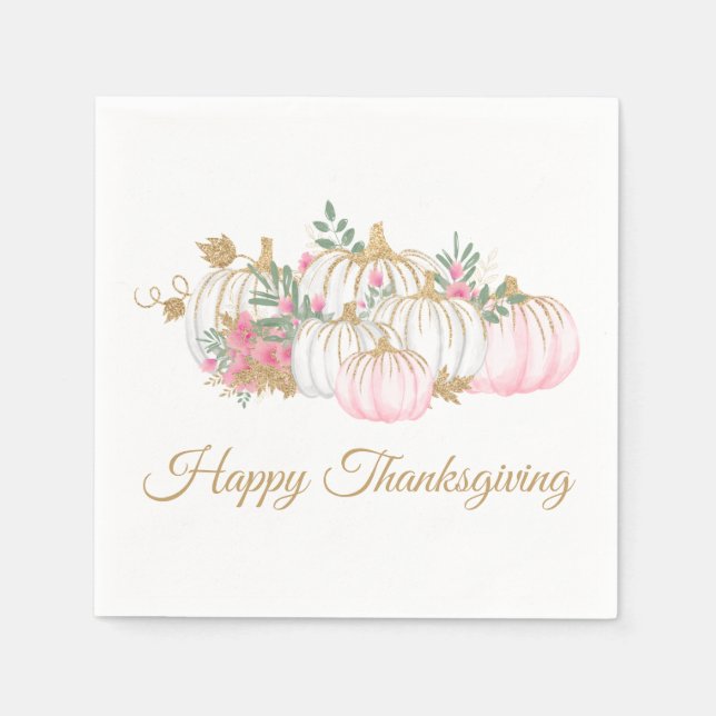 Pink Gold Glitter Pumpkin Floral Thanksgiving Napkin (Front)